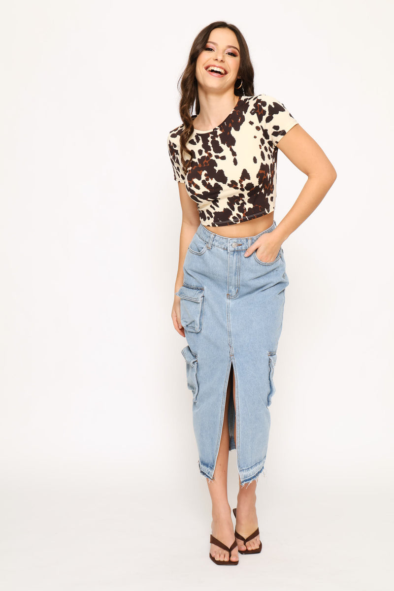 Animal Print Skin Tight Tee - Cream