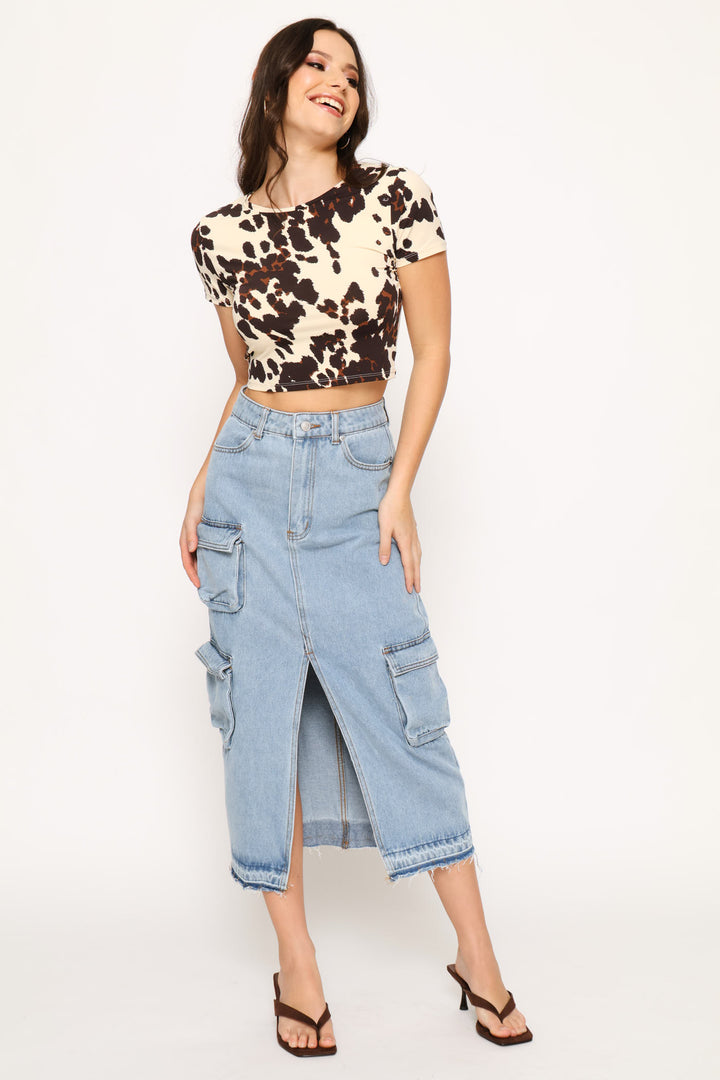 Cargo Denim Midi Skirt - Salty Mid Wash