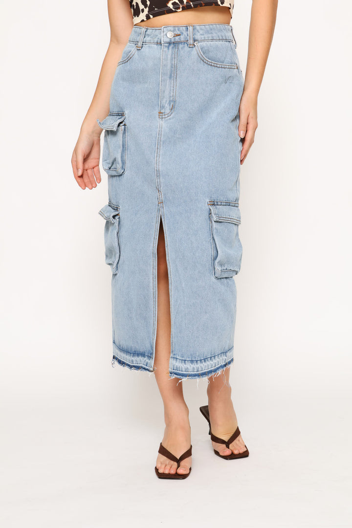 Cargo Denim Midi Skirt - Salty Mid Wash
