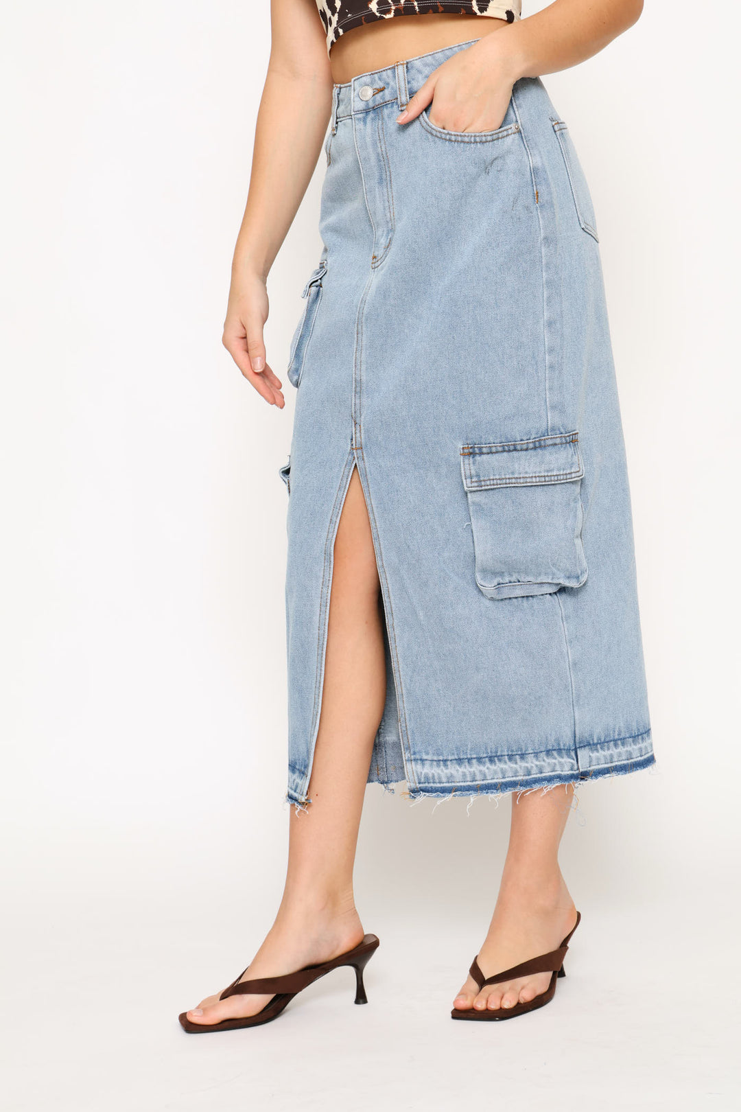 Cargo Denim Midi Skirt - Salty Mid Wash