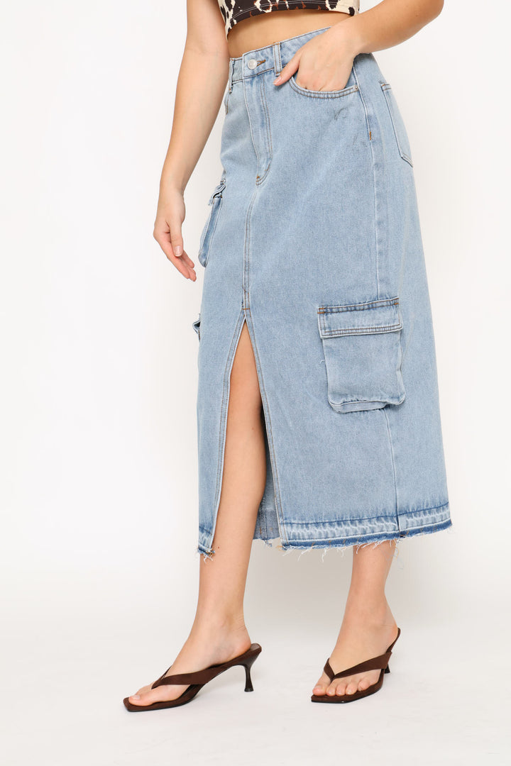 Cargo Denim Midi Skirt - Salty Mid Wash