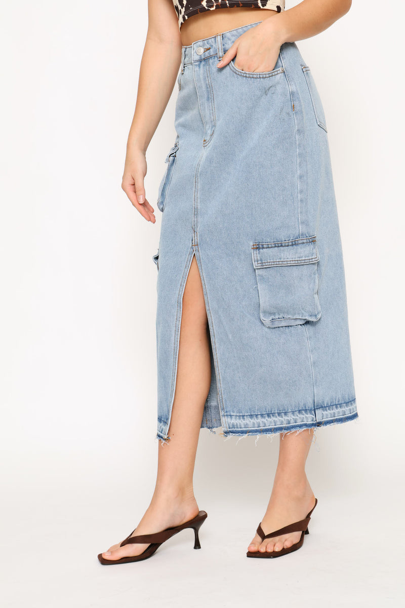 Cargo Denim Midi Skirt - Salty Mid Wash