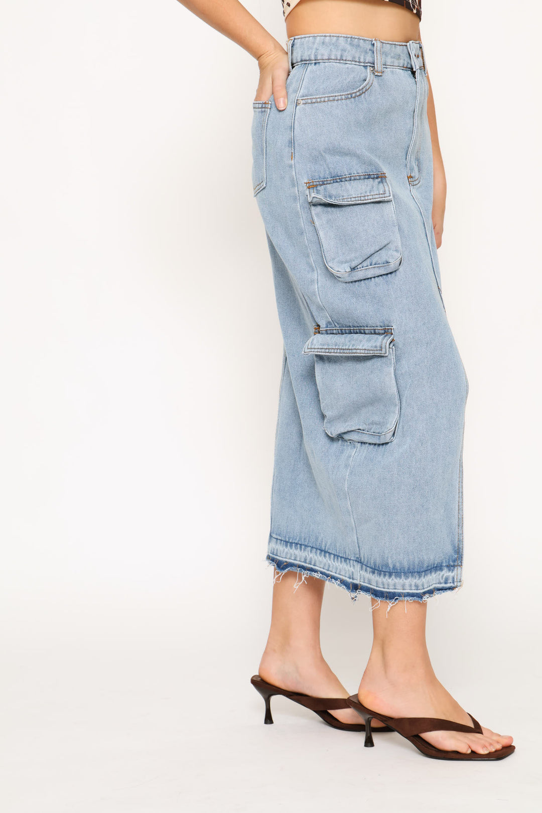 Cargo Denim Midi Skirt - Salty Mid Wash