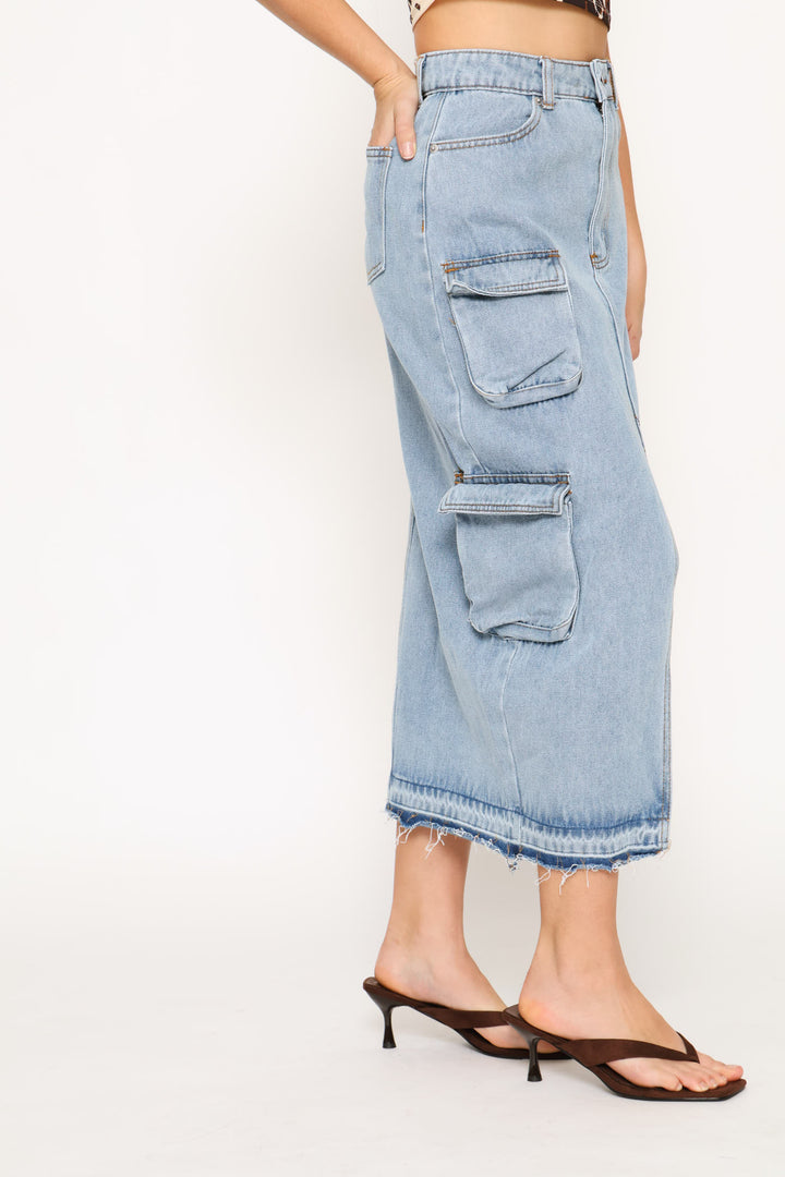 Cargo Denim Midi Skirt - Salty Mid Wash