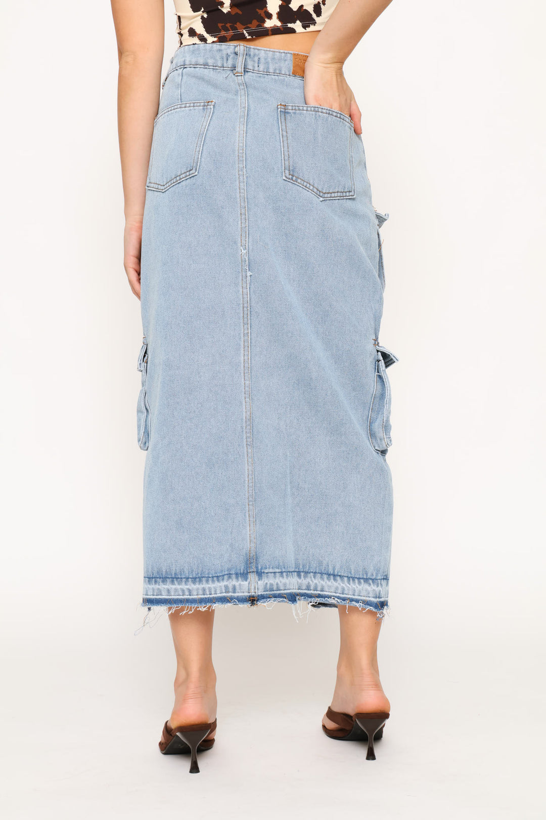 Cargo Denim Midi Skirt - Salty Mid Wash