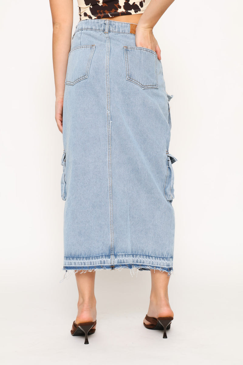 Cargo Denim Midi Skirt - Salty Mid Wash