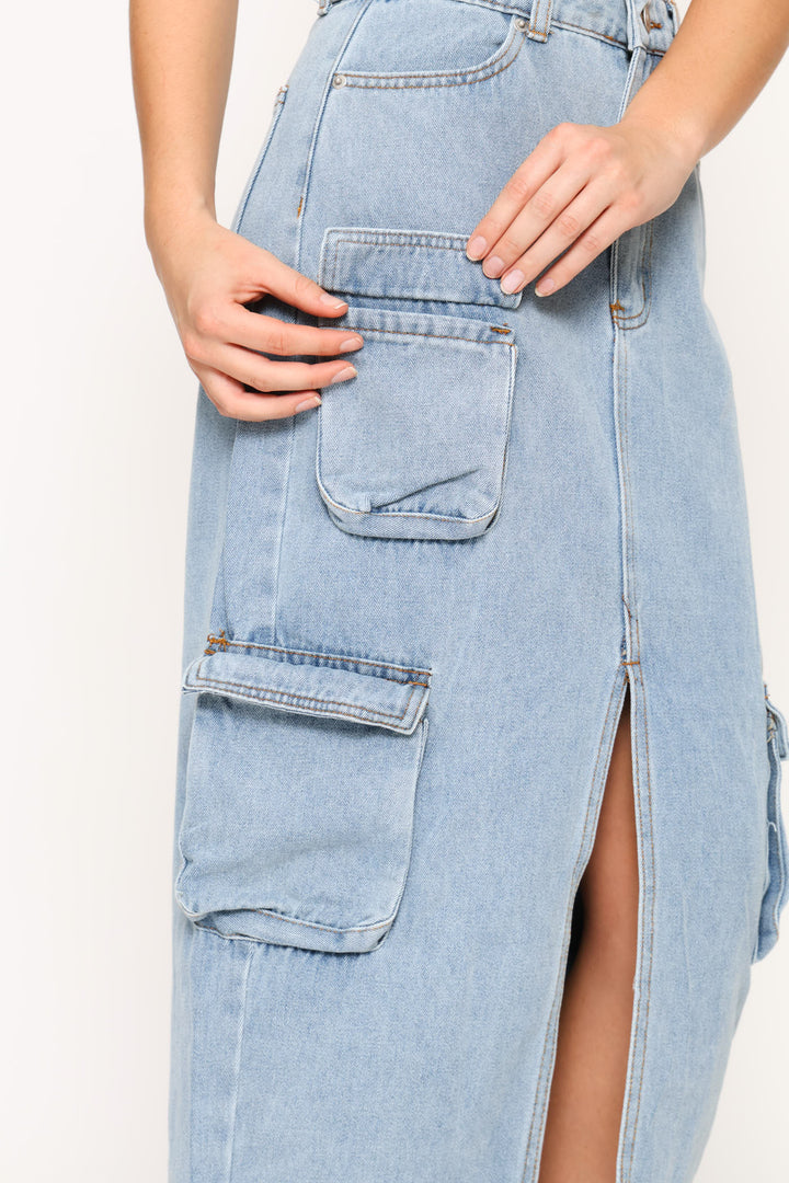 Cargo Denim Midi Skirt - Salty Mid Wash