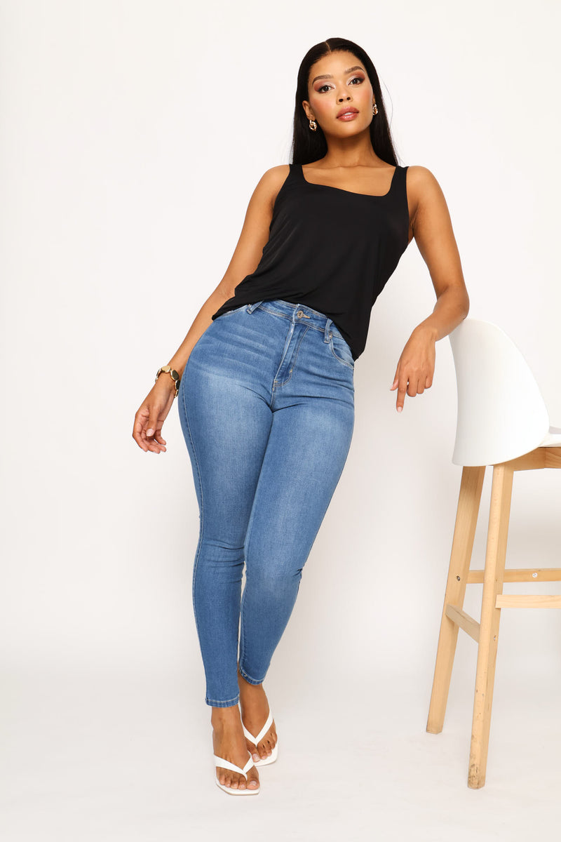 Square Neck Polyamide Tank Top - Black
