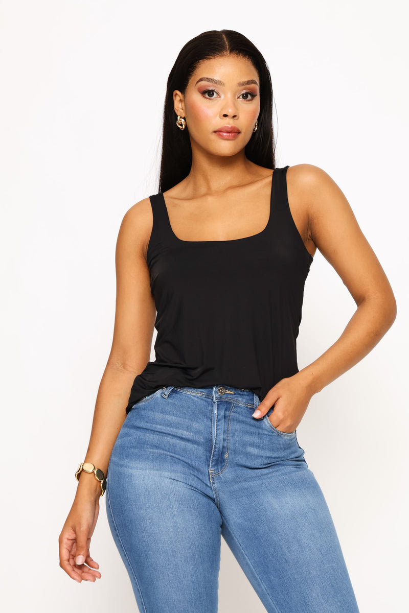Square Neck Polyamide Tank Top - Black