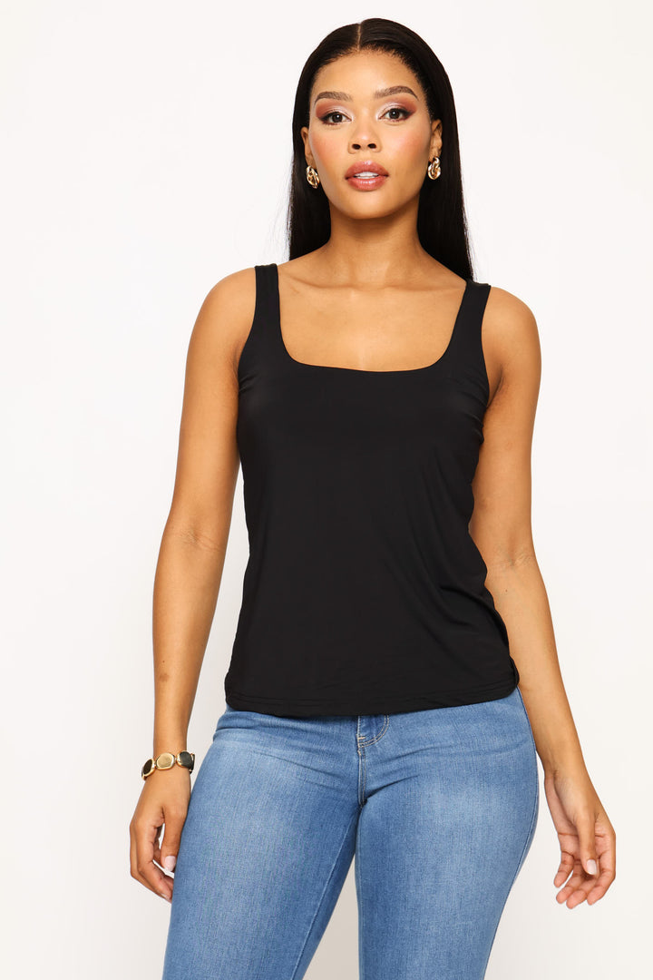 Square Neck Polyamide Tank Top - Black