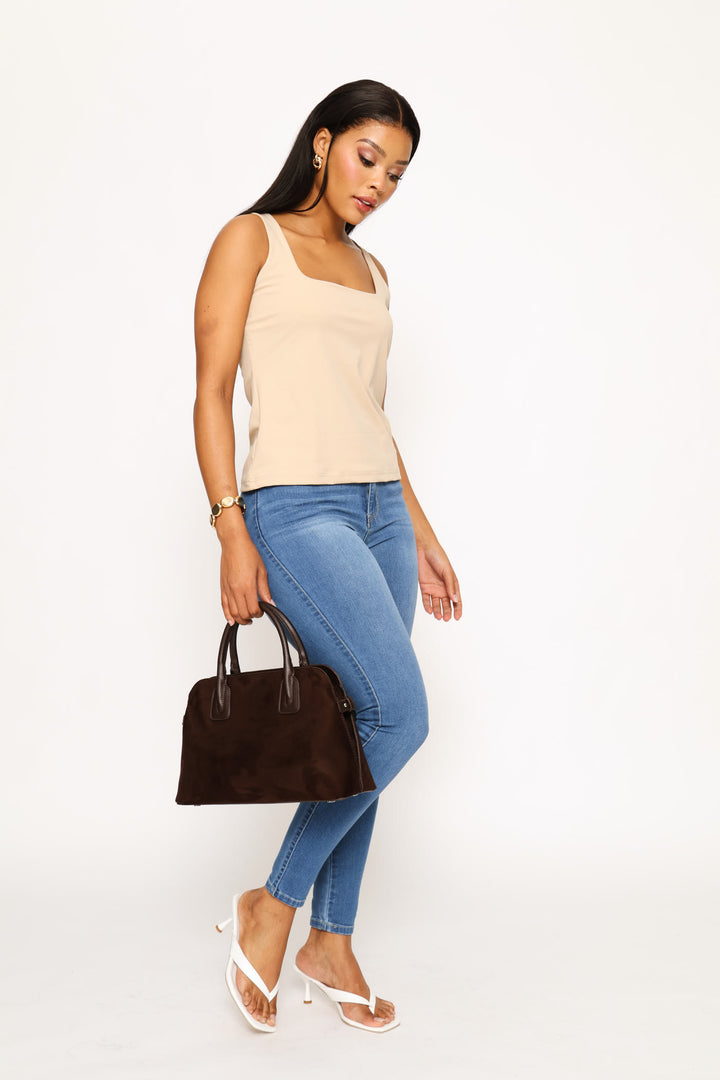 Square Neck Polyamide Tank Top - Mid Beige