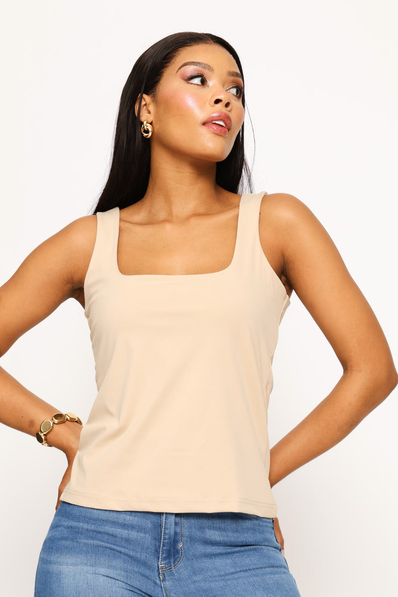 Square Neck Polyamide Tank Top - Mid Beige