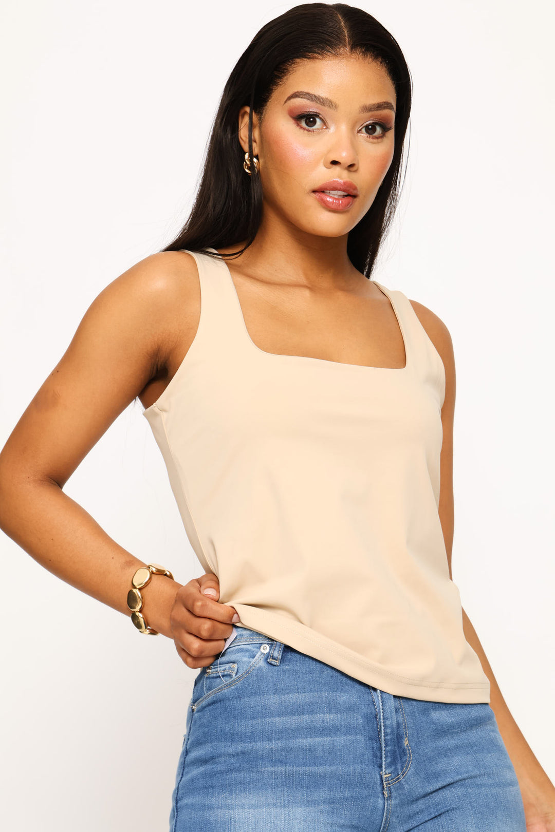 Square Neck Polyamide Tank Top - Mid Beige