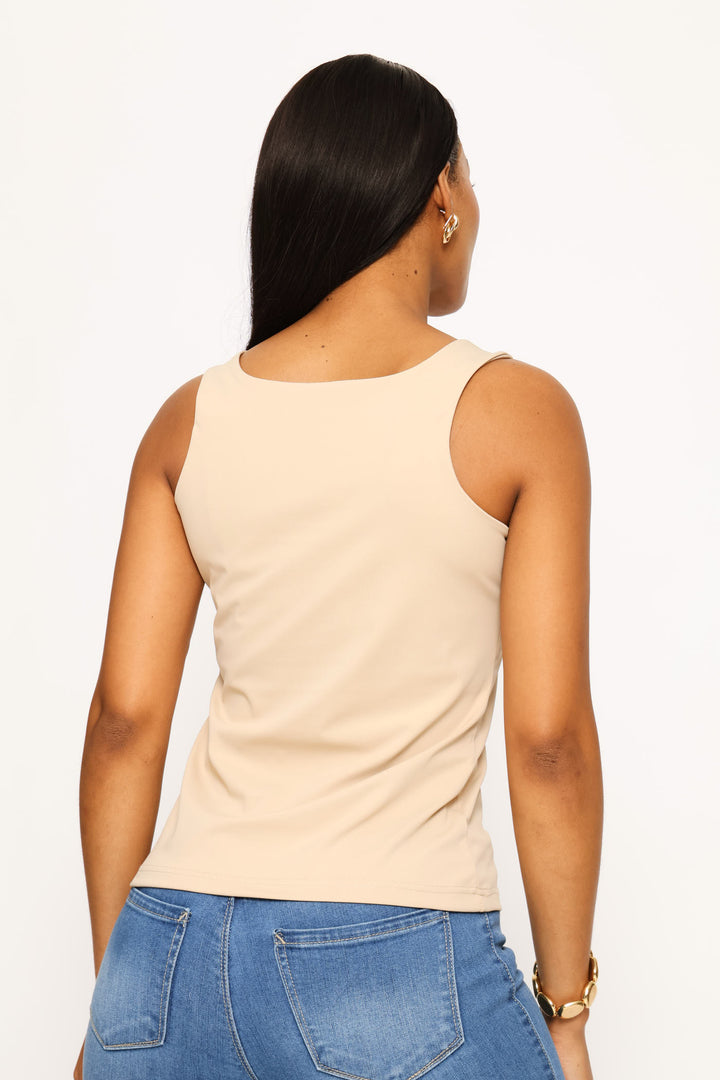 Square Neck Polyamide Tank Top - Mid Beige