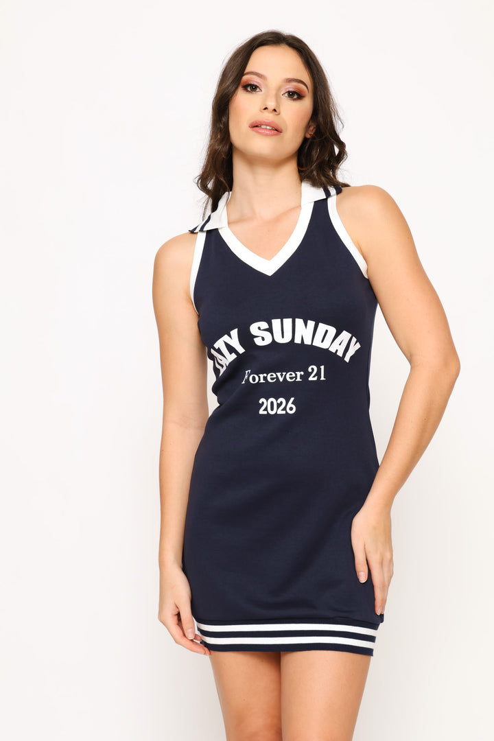 V-Neck Colourblock Bodycon Knit Dress - Navy