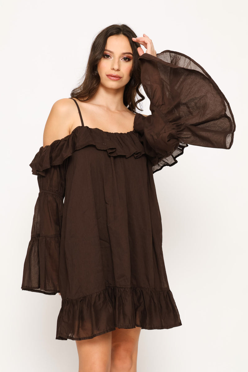 Frill Off Shoulder Strappy Babydoll Mini Dress - Brown