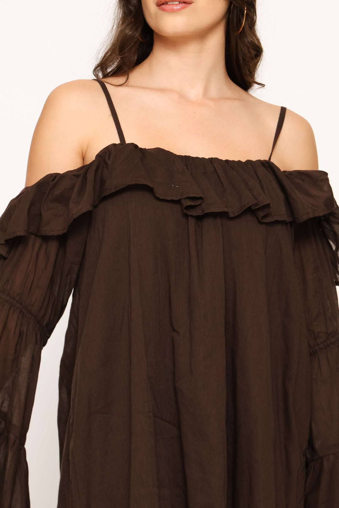 Frill Off Shoulder Strappy Babydoll Mini Dress - Brown