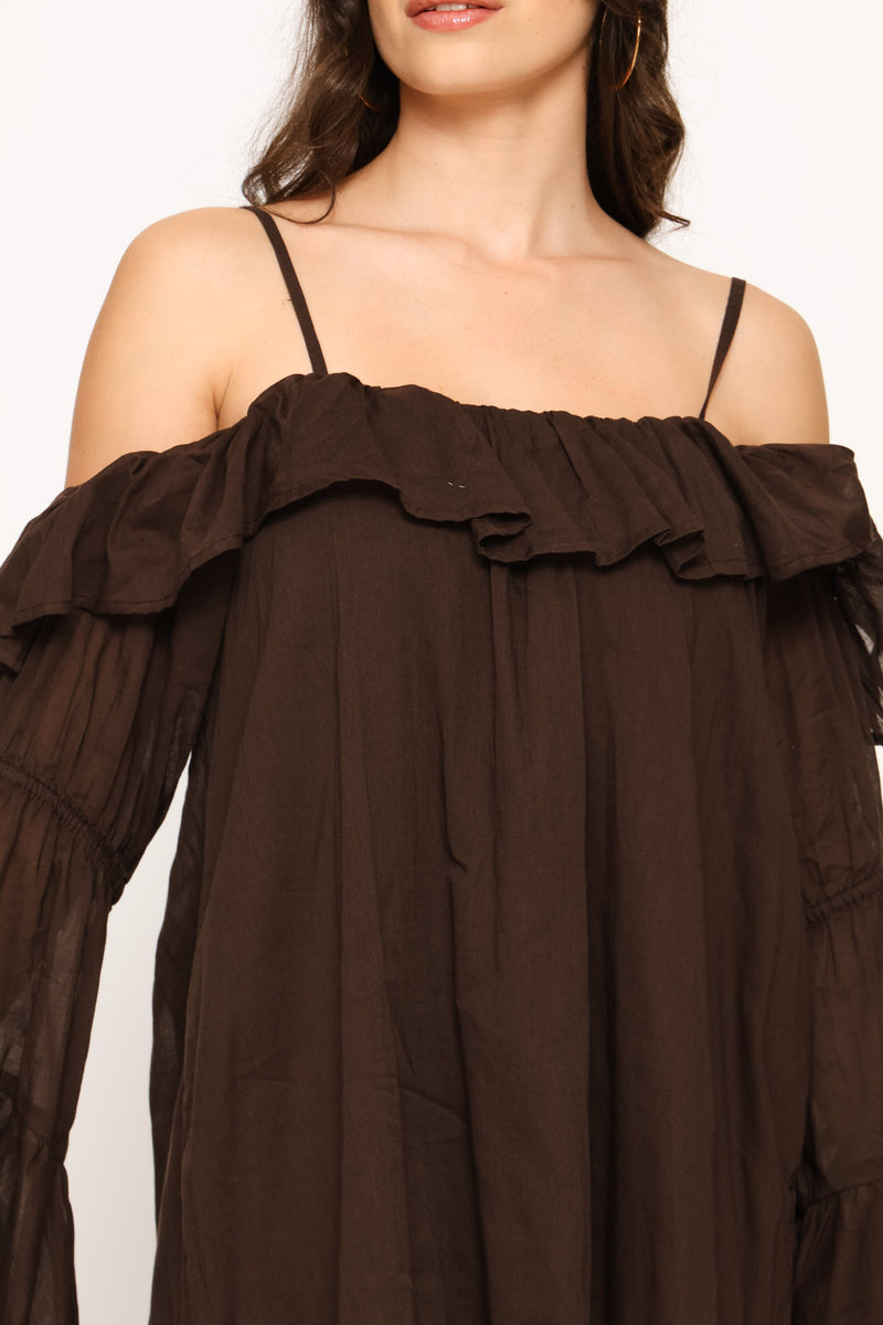 Frill Off Shoulder Strappy Babydoll Mini Dress - Brown