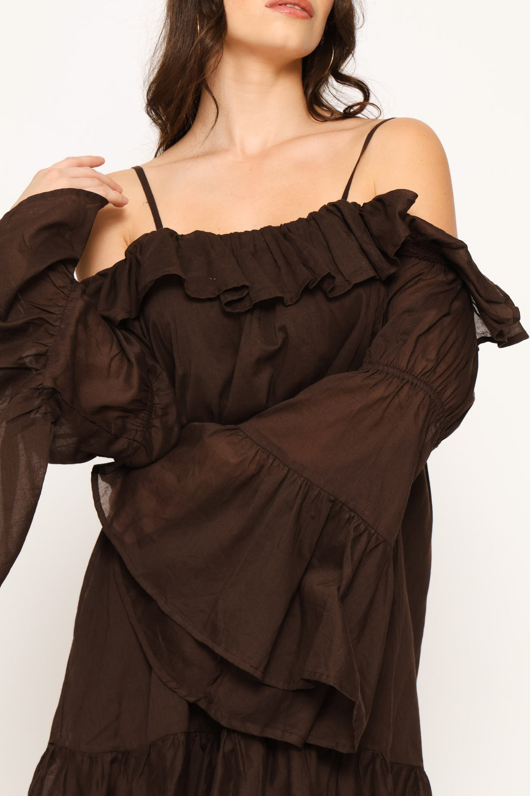 Frill Off Shoulder Strappy Babydoll Mini Dress - Brown