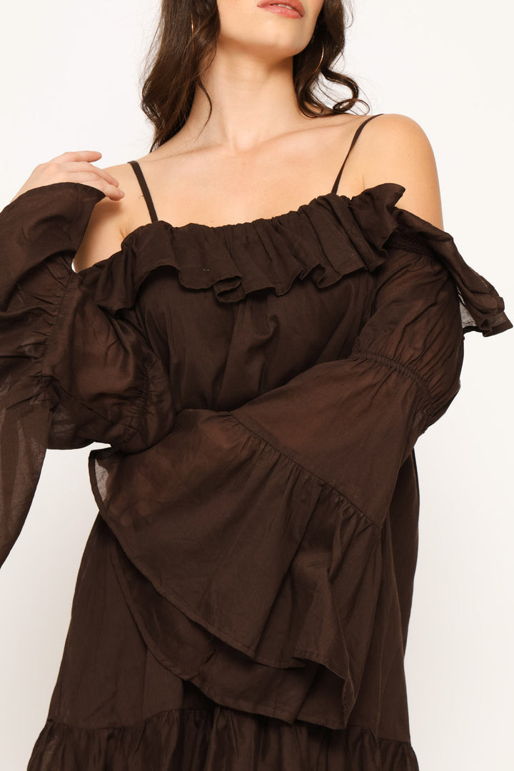 Frill Off Shoulder Strappy Babydoll Mini Dress - Brown