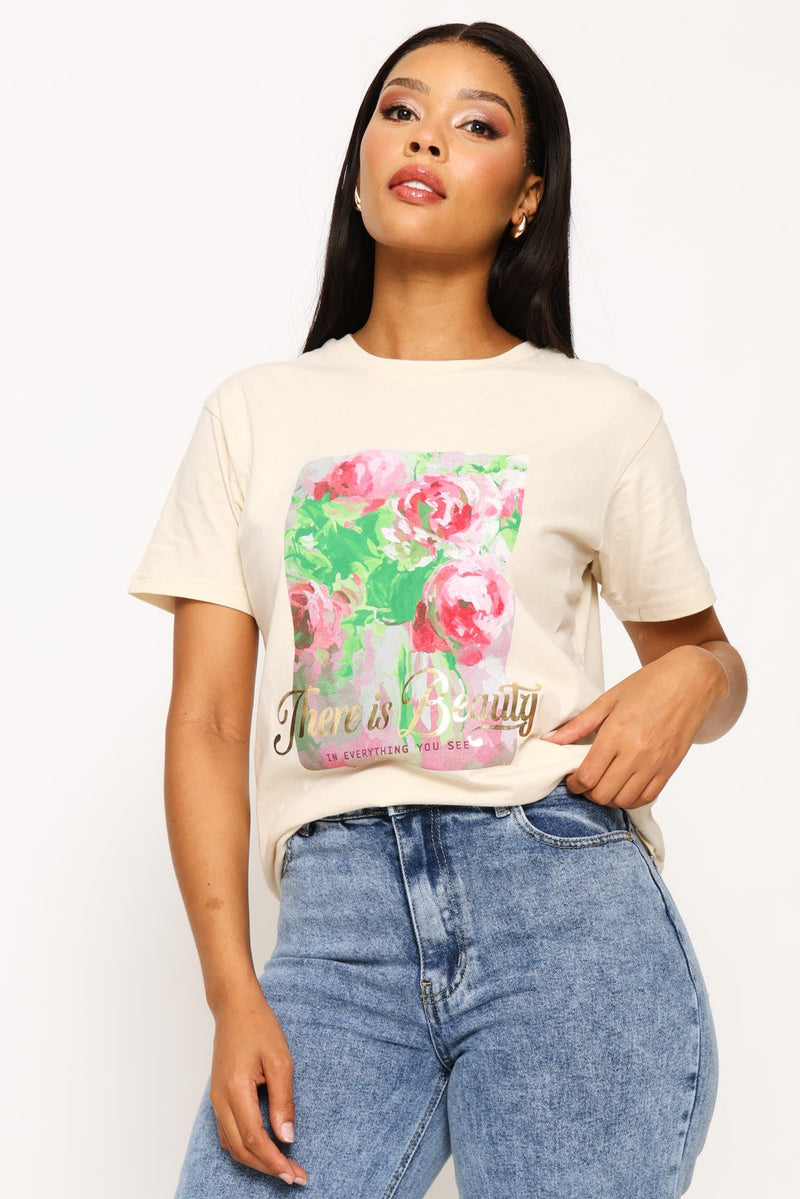 There Is Beauty Floral Tee - Cement