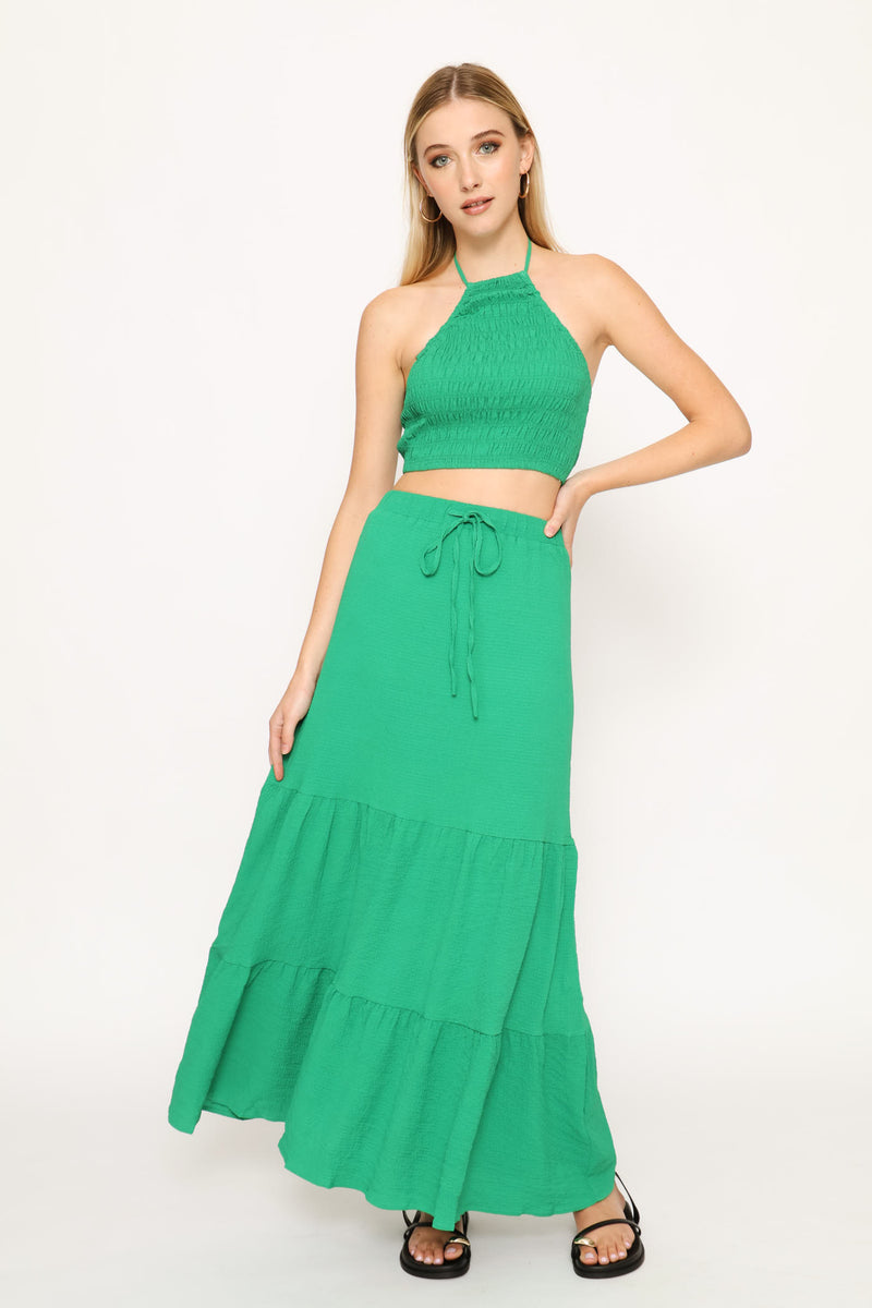 Halter Top & Tiered Maxi Skirt Set - Green
