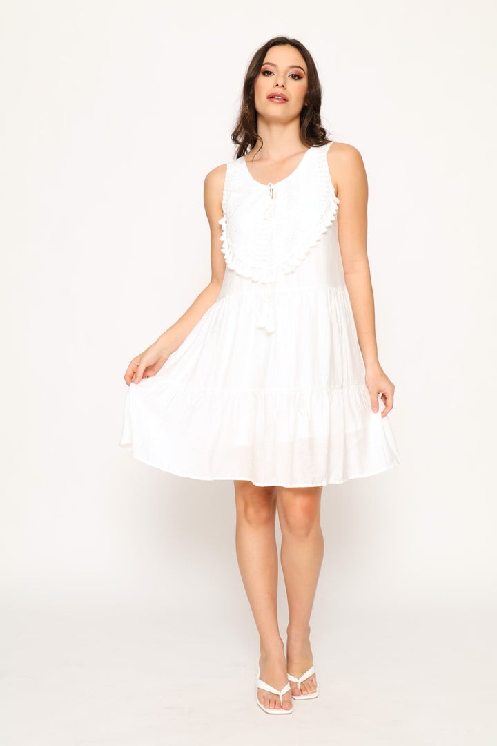 Scoop Neck Woven Mini Dress - White