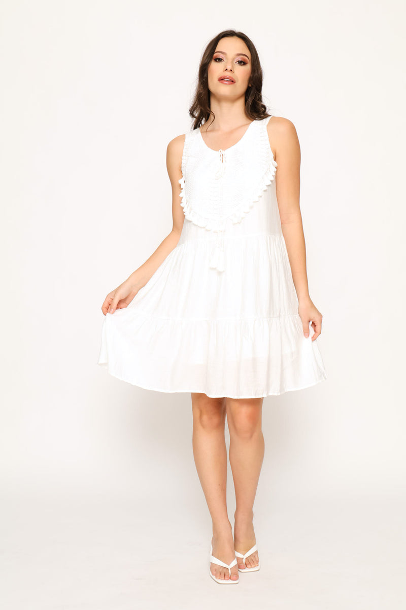 Scoop Neck Woven Mini Dress - White