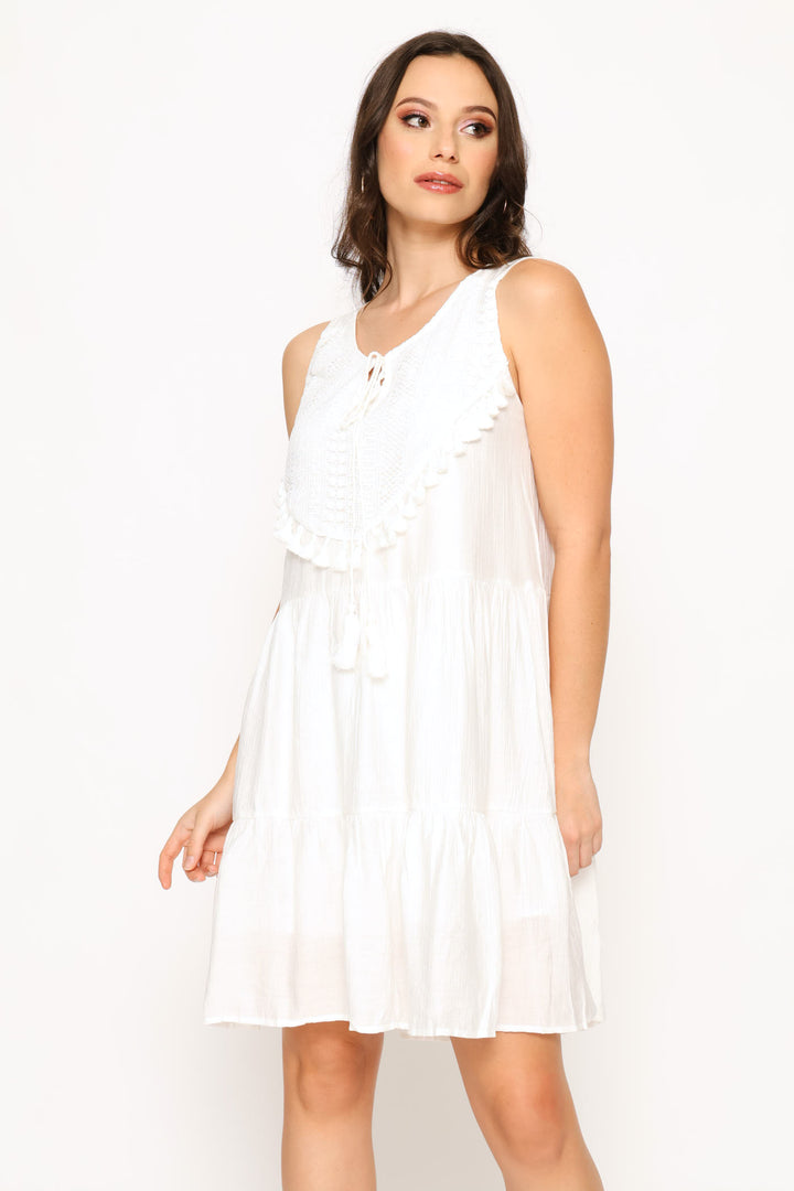 Scoop Neck Woven Mini Dress - White