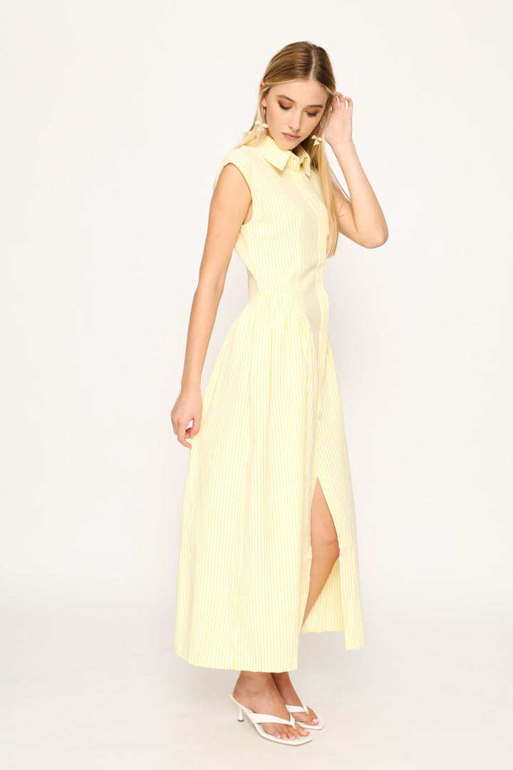 Sleeveless Fit & Flare A-Line Maxi Dress - Light Yellow