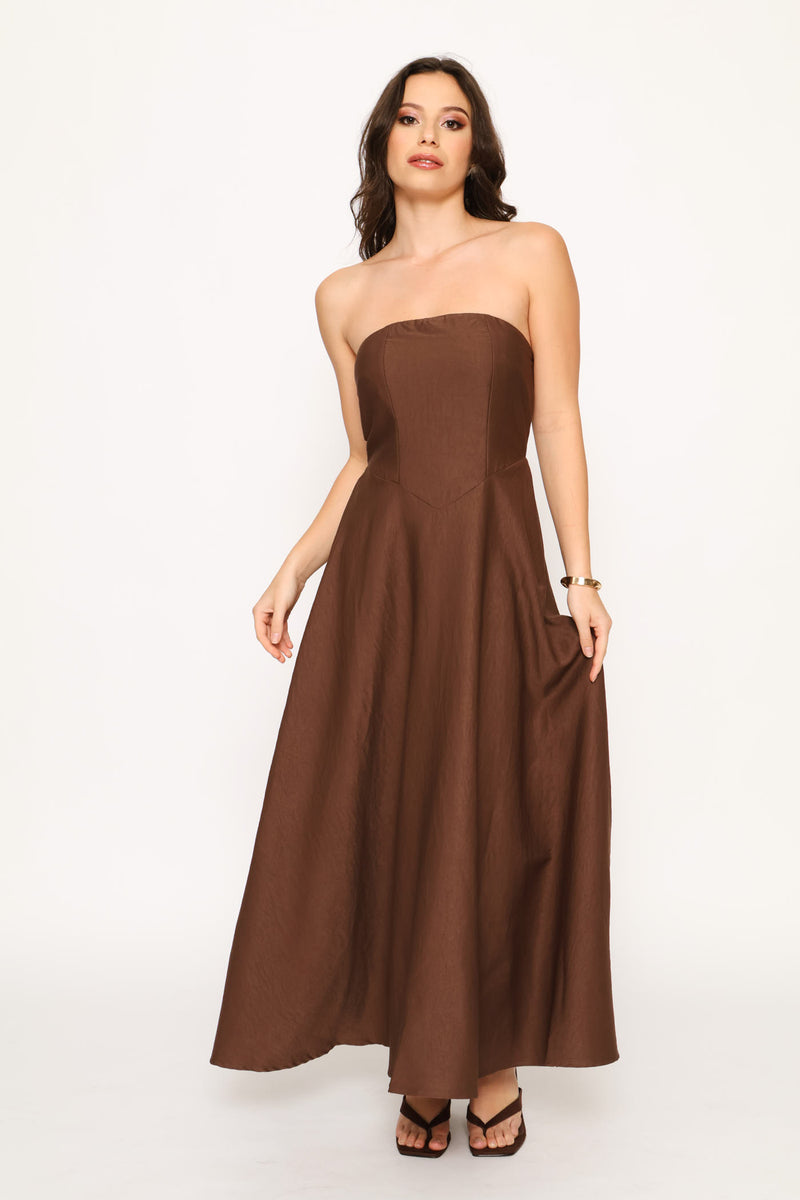Strapless A-Line Fit & Flare Maxi Dress - Coffee