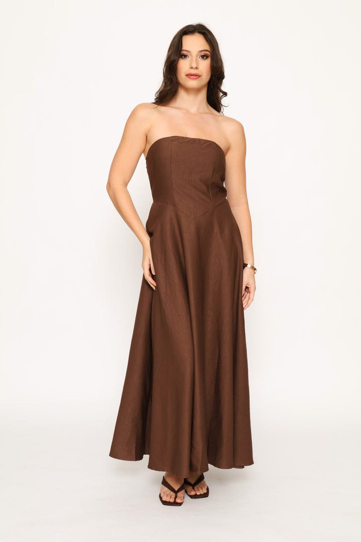 Strapless A-Line Fit & Flare Maxi Dress - Coffee