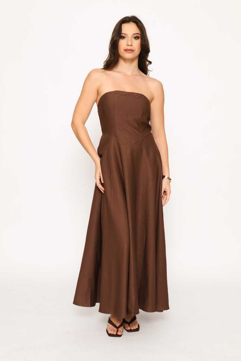 Strapless A-Line Fit & Flare Maxi Dress - Coffee