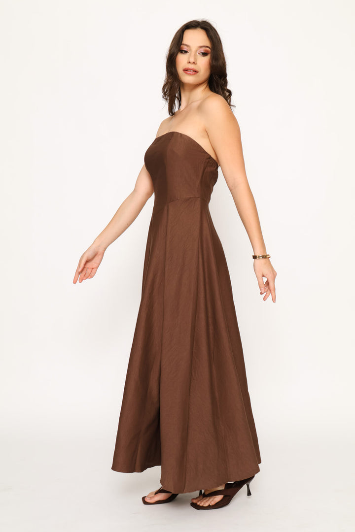 Strapless A-Line Fit & Flare Maxi Dress - Coffee