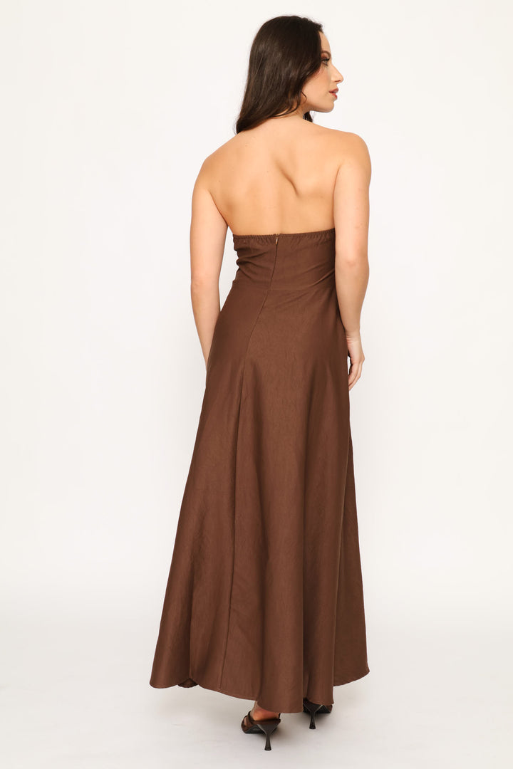 Strapless A-Line Fit & Flare Maxi Dress - Coffee