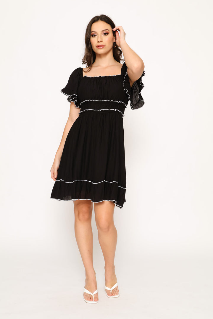 Square Neck Woven A-Line Dress - Black