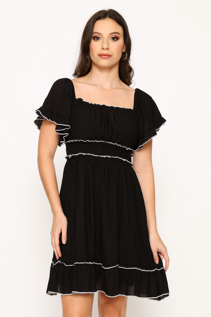 Square Neck Woven A-Line Dress - Black