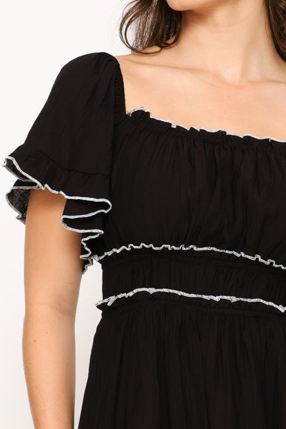 Square Neck Woven A-Line Dress - Black