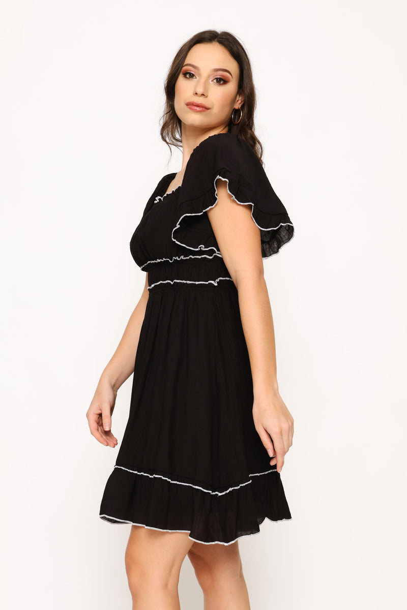 Square Neck Woven A-Line Dress - Black