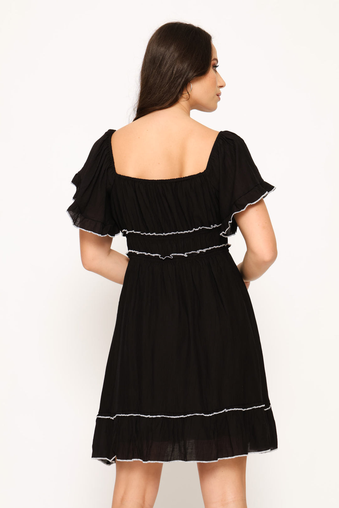 Square Neck Woven A-Line Dress - Black