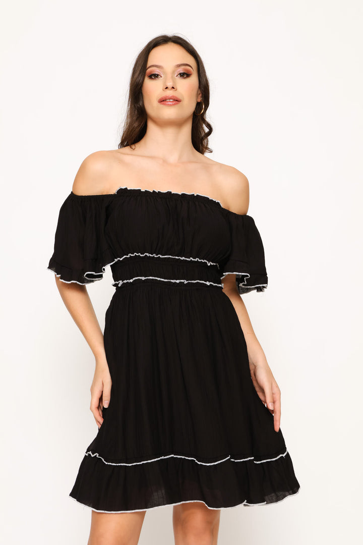 Square Neck Woven A-Line Dress - Black