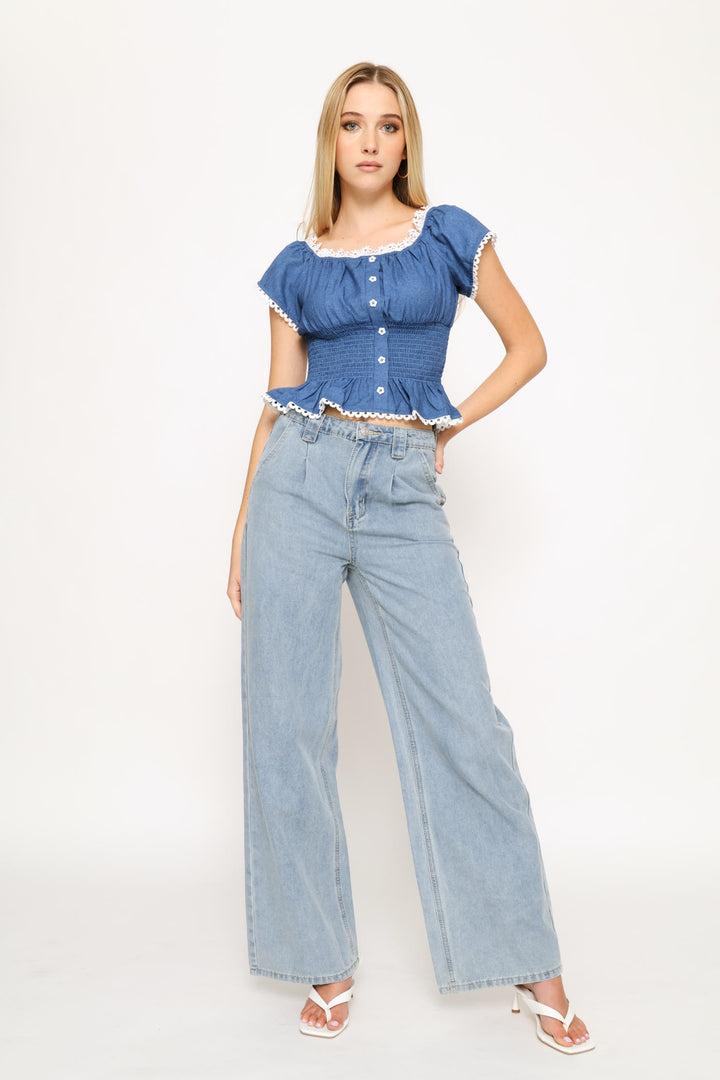 Cap Sleeve Woven Peplum Top - Blue