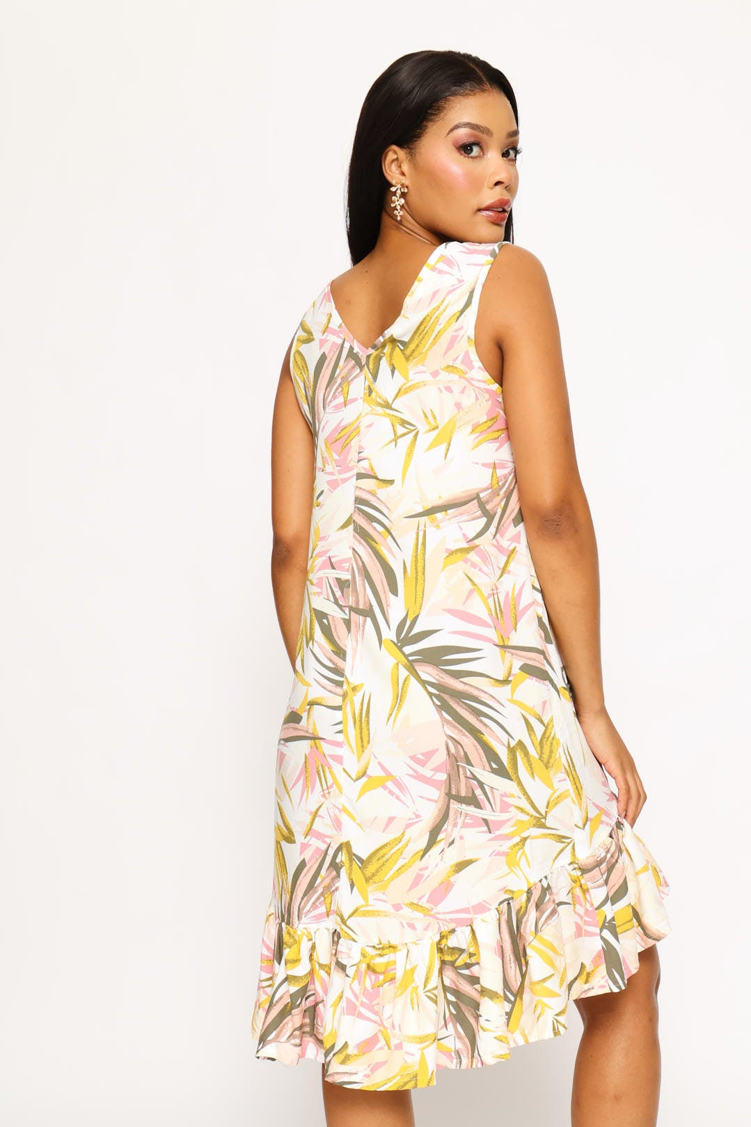 Frill Hem Hi-Lo Printed Shift Mini Dress - Cream