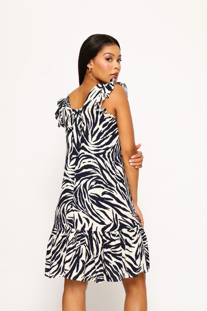 V-Neck Frill Sleeve Tie-Back Mini Dress - White/Navy