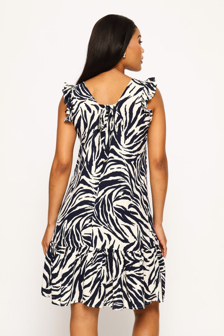 V-Neck Frill Sleeve Tie-Back Mini Dress - White/Navy