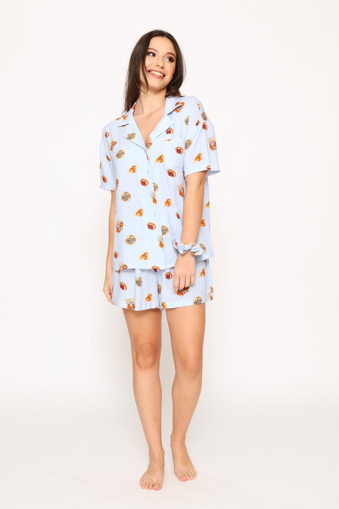 Vaycay Button Through Short Set & Scrunchie - Light Blue