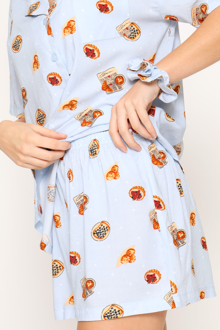 Vaycay Button Through Short Set & Scrunchie - Light Blue