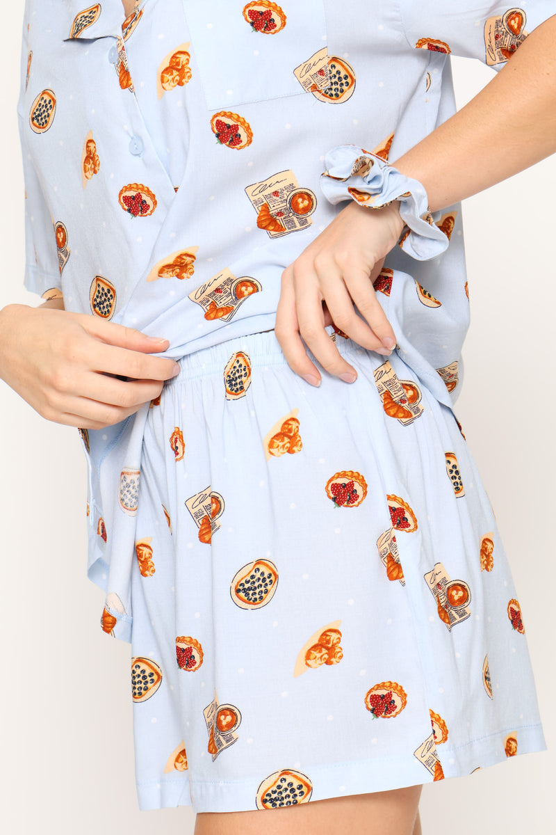 Vaycay Button Through Short Set & Scrunchie - Light Blue