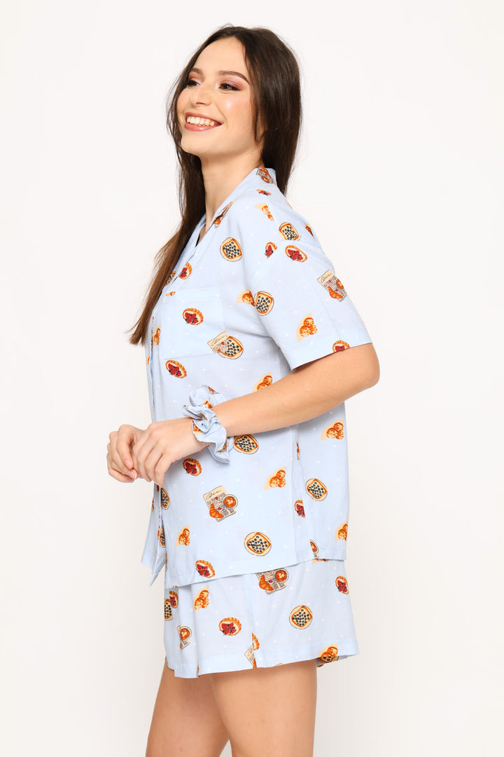 Vaycay Button Through Short Set & Scrunchie - Light Blue