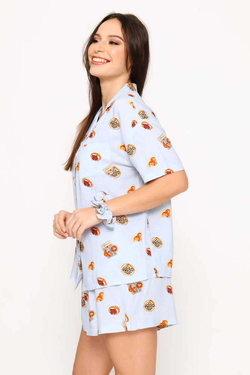 Vaycay Button Through Short Set & Scrunchie - Light Blue